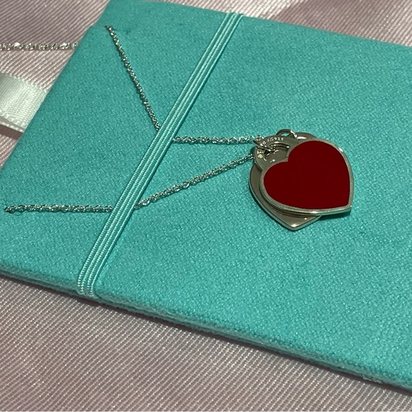 Return to Tiffany Double Heart Pendant Necklace- Red Enamel, Adjustable - Picture 6 of 7